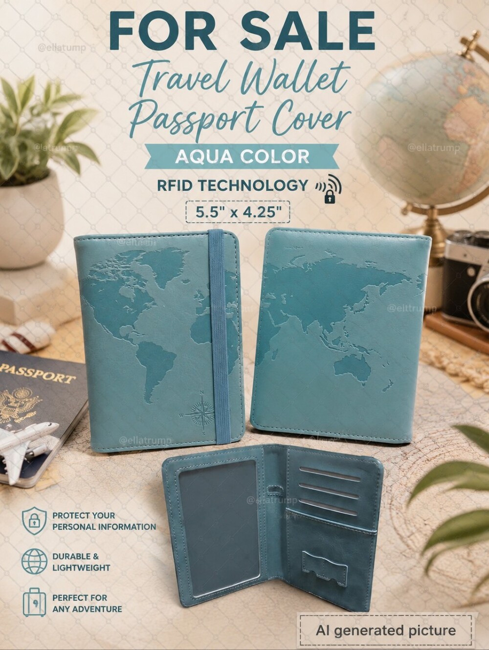 Travel Wallet Passport CoverAqua Color, RFID technology5.5" x 4.25"